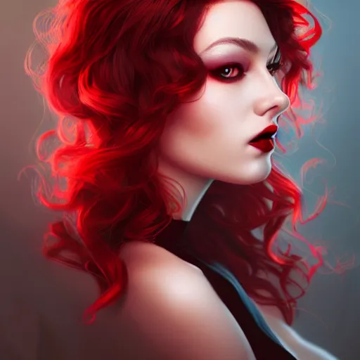 Prompt: a realistic illustration portrait of a beautiful aidra fox with curly black and red hair, black eyeliner, trending on artstation, hyper - realistic lighting, intricate, ross tran