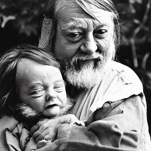 Image similar to robert wyatt cradling a goblin like a baby, photograph