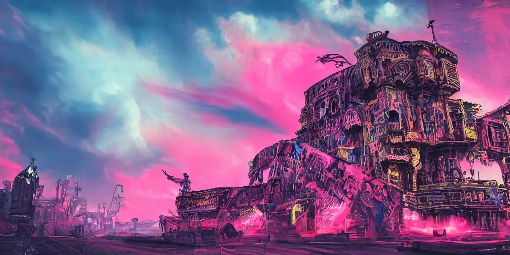 Image similar to punk big beautiful face, space, dungeon, pirate neon ship with punks on board, mohawks, neon, oil painting, pink, rich deep colors masterpiece, ultra detailed, contrast, heaven pink, lots of roman arches, punk rock with mohawks, clouds, sky, volumetric light, atmospheric lighting, dramatic, cinematic, moody, octane render 4 k, 8 k