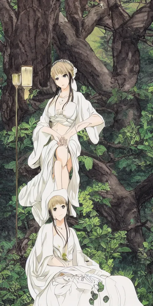 Image similar to an empress sitting by herself on a sofa in a forest wearing a white robe drawn by cloverworks studio, elegant, beauty, tarot card