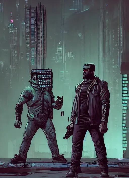 Image similar to Dumb Bubba. Buff cyberpunk meathead trying to intimidate a hacker. Large man looms over smaller figure. Realistic Proportions. Concept art by James Gurney and Laurie Greasley. Moody Industrial skyline. ArtstationHQ. Creative character design for cyberpunk 2077.