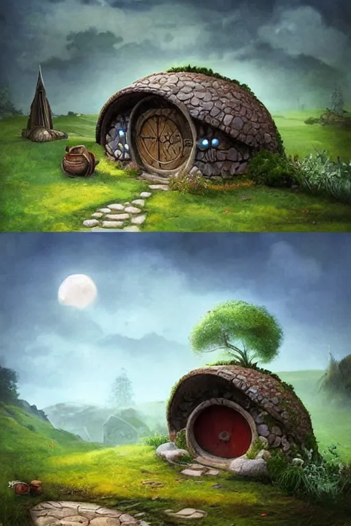 Prompt: beautiful matte painting of a hobbit house with round door and windows under a hill, whimsical by brian kesinger and bridget bate tichenor