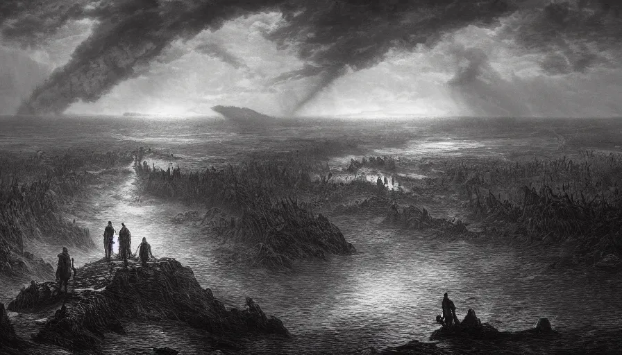 Image similar to bloody river in hell, by Gustave Dore, people walking into the horizon, red river, dragon flying in sky, trending on artstation