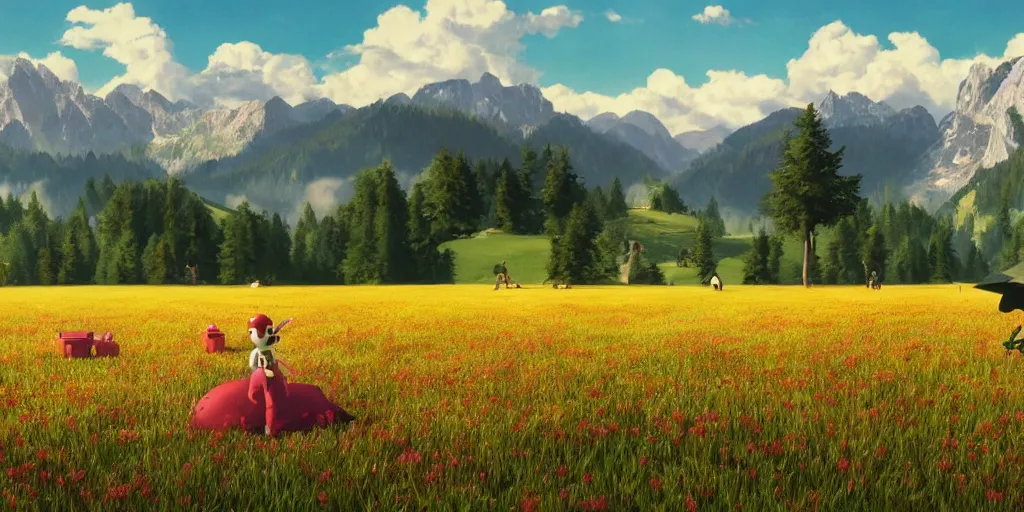 Image similar to a ultra photorealistic and sharp film still of an a sunny and colourful open field in 1 9 1 6 in the middle of the bavarian alps, germany. wide shot, frog perspective, wes anderson, studio ghibli, pixar and disney animation, octane render, anime key art by greg rutkowski, dramatic lighting, award winning photography