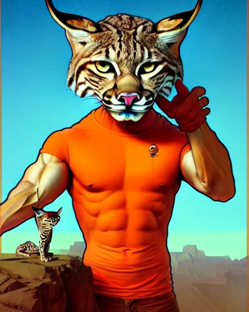 Image similar to male bobcat alien with orange fur and a white t - shirt with a red exclamation mark, full body, art by artgerm and greg rutkowski and alphonse mucha