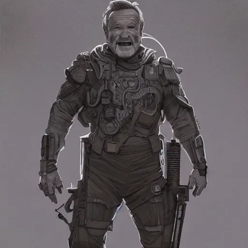 Image similar to Very very very very highly detailed epic photo of Robin Williams, intricate, dystopian, sci-fi, extremely detailed, digital painting, artstation, concept art, smooth, sharp focus, illustration, intimidating lighting, incredible art by Artgerm and Vincent di Fate