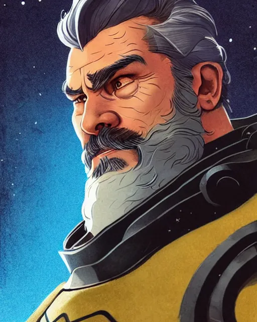 Image similar to reinhardt from overwatch, josh brolin, gray hair and beard, character portrait, portrait, close up, concept art, intricate details, highly detailed, vintage sci - fi poster, retro future, in the style of chris foss, rodger dean, moebius, michael whelan, and gustave dore
