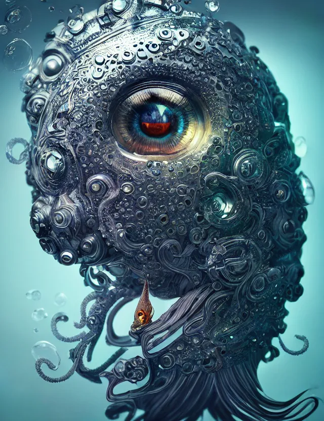 Prompt: eye of god macro close - up portrait with mask made of ram skull. betta fish, jellyfish phoenix, plasma, water, wind, creature, super intricate ornaments artwork by tooth wu and wlop and beeple and greg rutkowski