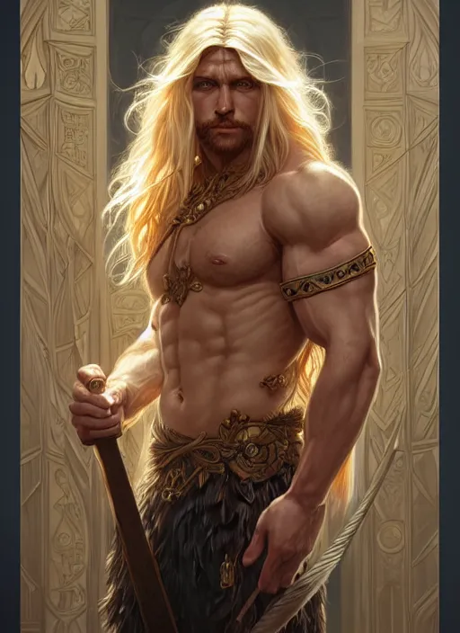 Prompt: symmetry! portrait of barbarian, long blond hair, d & d, muscular! fantasy, intricate, elegant, highly detailed, digital painting, artstation, concept art, smooth, sharp focus, illustration, art by artgerm and greg rutkowski and alphonse mucha