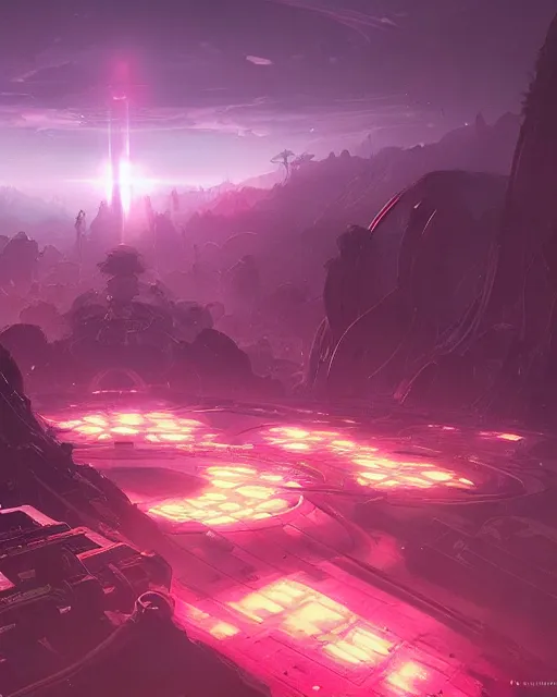 Image similar to beautiful landscape, nier automata, protoss temple!!!, machine planet, pink sun, colorful light, advanced technology, cinematic lighting, highly detailed, masterpiece, art by bastien grivet and darwin cellis and jan urschel