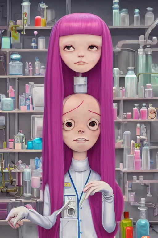 Image similar to highly detailed, industrial photography, profile photo of adult princess bubblegum from adventure time, working in her science lab, wearing lab coat, long bubblegum hair, long straight bangs, confident, beautiful, attractive, illustration concept art by nicoletta ceccoli, mark ryden, lostfish, detailed and intricate environment, 8 k resolution, hyperrealistic, octane render