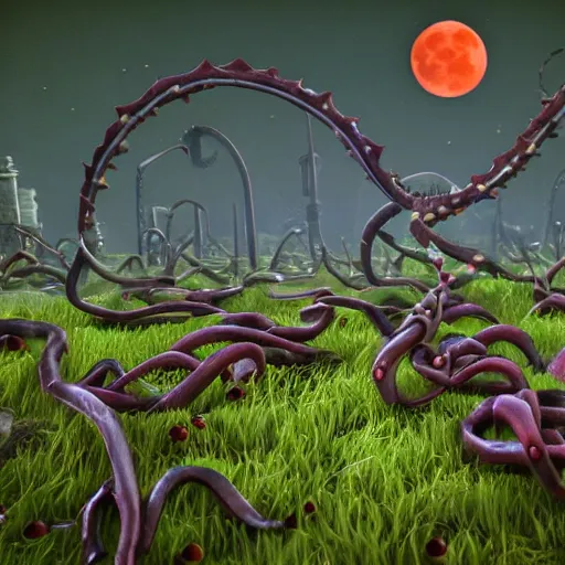 Image similar to voidless of the festival!, The Graveyard, blood moon tentacles!!, outsider art!!!, large group of crabs and worms, crawling along a bed of moss, low poly, creeper world, handcrafted, artstation, hyperrealistic, hard light, best practices, creeptastic, photorealism, macro perspective, cuddly