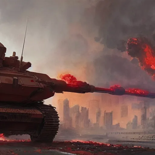 Image similar to comic book style tank on a burning bridge, NATO, high-tech, heroic, wide shot, urban background, highly detailed, artstation, concept art, sharp focus, illustration, art by artgerm and greg rutkowski and magali villeneuve, Zdzisław Beksiński, red brown and white color scheme, high quality