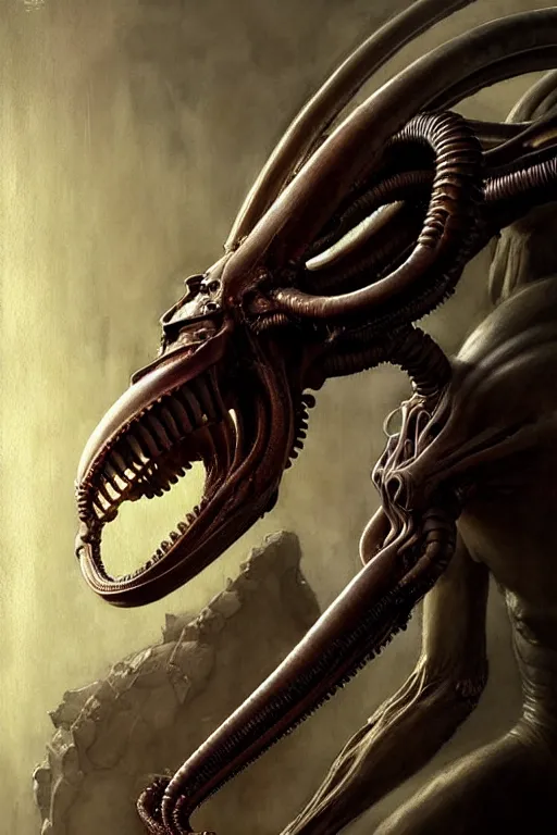 Image similar to xenomorph and david | esoteric symbolism | jean - baptiste monge, esao andrews, bastien lecouffe - deharme, tim jacobus, ken currie | ultra - detailed realism, soft cinematic lighting, hi - fructose, artstation, high - quality, ink watercolors wes anderson poster art