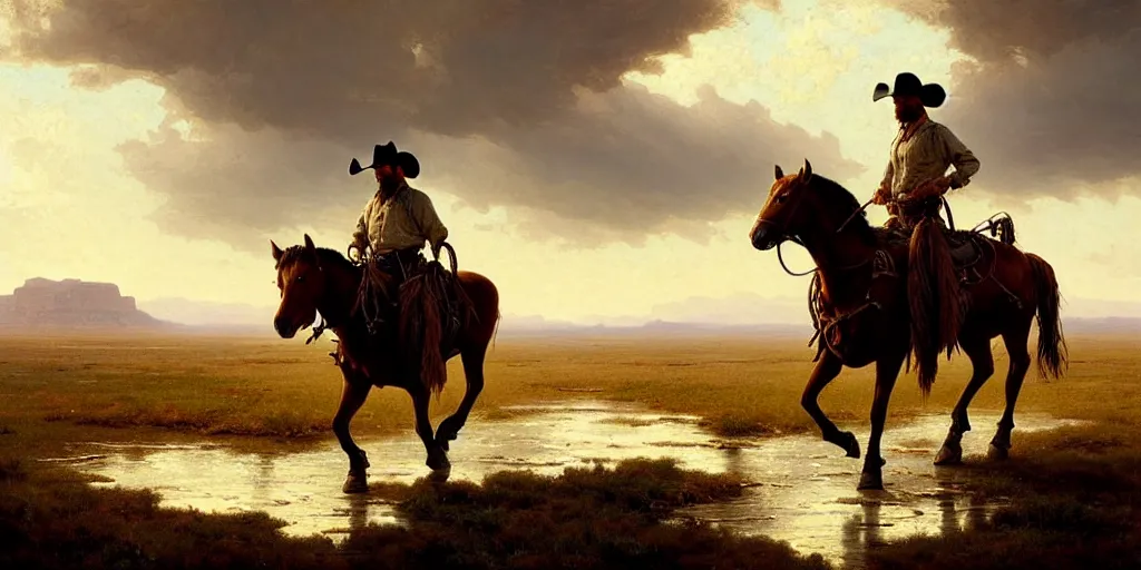 Image similar to a lonesome cowboy on his horse is crossing american plains with a small riverbed, mountaineous background, cloudy day, highly detailed, digital art, by greg rutkowski, by albert bierstadt