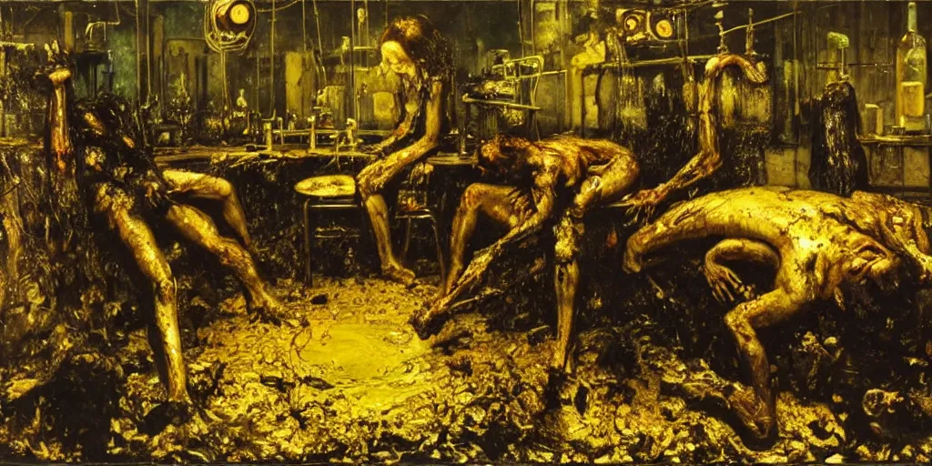 Prompt: realistic Courbet painting of a dark sci-fi laboratory at night, dark green light, dressed zombie walking made of guts and veins dripping golden shiny metalic fluid from ribcage to the floor. liquid shiny puddle of gold on the floor.