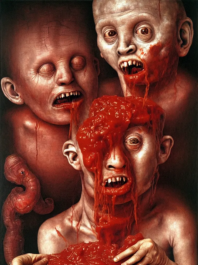 Prompt: a boy like eraserhead and elephant man sitting in a tub full of tomato sauce, looking straight into camera, screaming in desperation, by giuseppe arcimboldo and ambrosius benson, renaissance, fruit, intricate and intense oil paint, a touch of beksinski and hr giger and edward munch, realistic, rules of composition, headspace