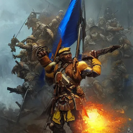 Image similar to Ukrainian warrior with Ukrainian blue and yellow flag successfully fights russian and soviet orcs, epic, intricate, highly detailed, digital painting, artstation, concept art, smooth, sharp focus, illustration, evil, horrifying, art by artgerm and greg rutkowski and alphonse mucha