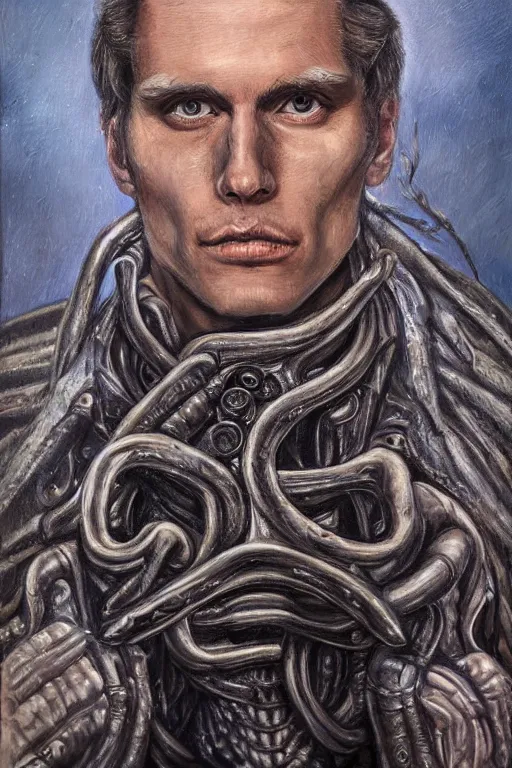 Image similar to portrait of streamer jerma 9 8 5!!, jeremy elbertson, painting by h. r. giger, lovecraftian horror, strands of being, metal album cover, high detail, sharp, sus guy, human figure, permanent bond between metal and man, still image of twitch stream, facecam