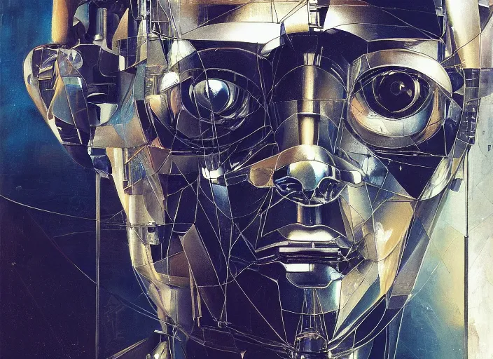 Image similar to a portrait of cyber - dog of sci fi metallic human by yoji shinkawa bright eyes, melancholic complex geometric figure liminal machinery by oskar schlemmer, moebius, john berkey, film grain, oil on canvas, portrait facial head, featured on artstation, hd wallpaper, 8 k