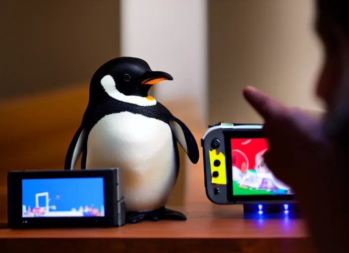 Image similar to photo still of a penguin playing a nintendo switch, 8 k, studio lighting bright ambient lighting key light, 8 5 mm f 1. 8