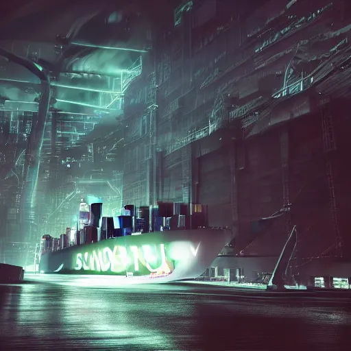 Image similar to photo of Immense industrial futuristic cargo ship arrives at cyber punk city sea port, cinematic lighting, photo