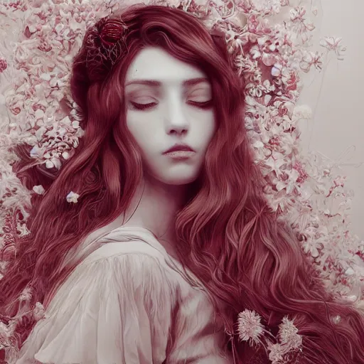 Image similar to the portrait of an absurdly beautiful, graceful, elegant, sophisticated, fashionable young woman made of strawberries and white petals looking down, an ultrafine hyperdetailed illustration by kim jung gi, irakli nadar, intricate linework, bright colors, octopath traveler, final fantasy, unreal engine 5 highly rendered, global illumination, radiant light, detailed and intricate environment