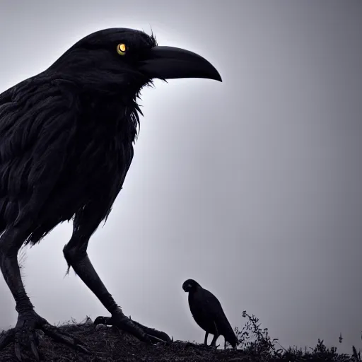 Image similar to werecreature consisting of a crow and a human, werecrow, photograph captured in a dark forest