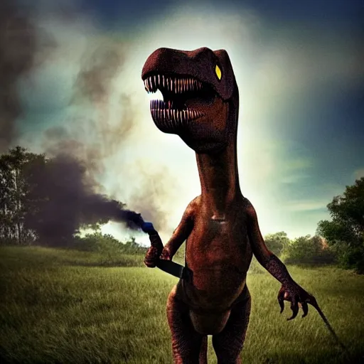 Image similar to a realistic photo of a dinosaur standing on two legs smoking a cigarette in their mouth hdr professional shot, full body