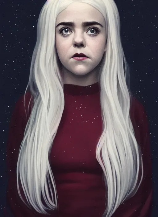 Image similar to full body portrait, kiernan shipka as sabrina spellman, white hair, obese, bangs, sultry, realistic, sultry smirk, fluffy bangs, freckles, fat, belly, intricate, elegant, highly detailed, digital painting, artstation, concept art, smooth, sharp focus, illustration, art by wlop, mars ravelo and greg rutkowski