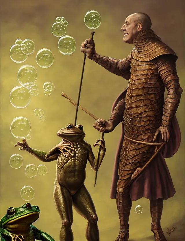 Prompt: anthropomorphic bipedal frog that is dressed as a renaissance fighter, and holding a thick staff, as a matte oil painting and d & d character art, by alex grey, standing, fullbody, vibrant, floating bubbles, mystic, fog, fractals, spirals, concept art, award - winning, extremely detailed, sharp focus