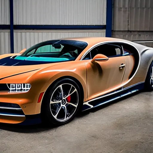 Image similar to an abandoned, derelict, rusty bugatti chiron in a dirty warehouse