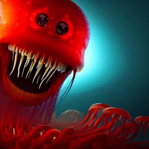 Prompt: a beautiful extreme wide photograph of a horrifying jellyfish monster with huge glowing eyes and sharp fangs in a wide open mouth, highly detailed, smooth, very very clean, 8 k, cinematic movie photograph, cinematic lighting, octane render, zbrush central contest winner, 3 d maya render