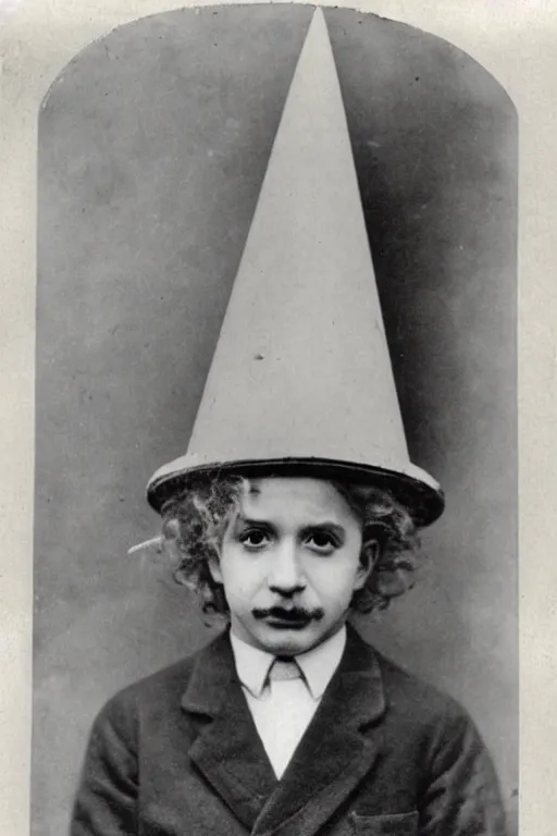 Image similar to Young Albert Einstein wearing a dunce cap, 1920's black and white photograph