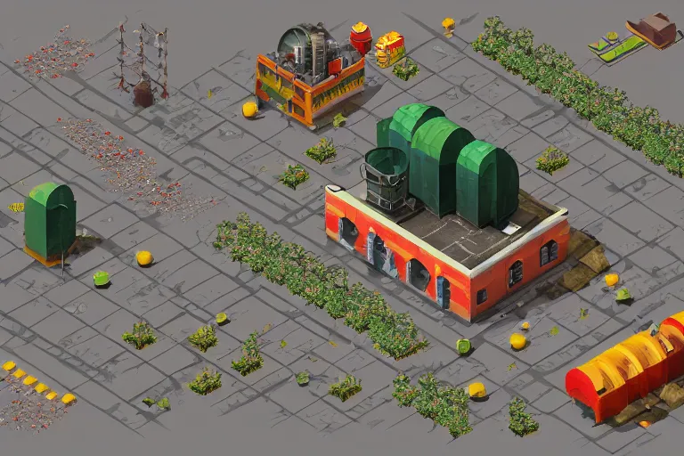 Prompt: isometric soviet industrial rpg game level, digital art, pollution, toxic waste, 3 d render, octane render