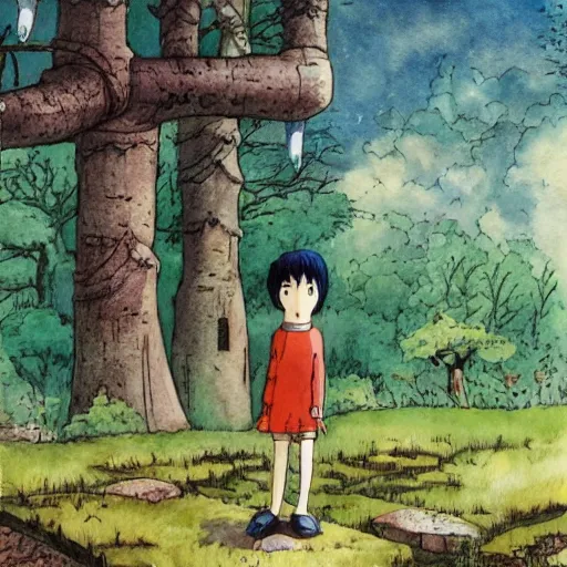 Image similar to laputa castle in the sky robot hayao miyazaki stands in a small clearing among trees, watercolor illustration for a book