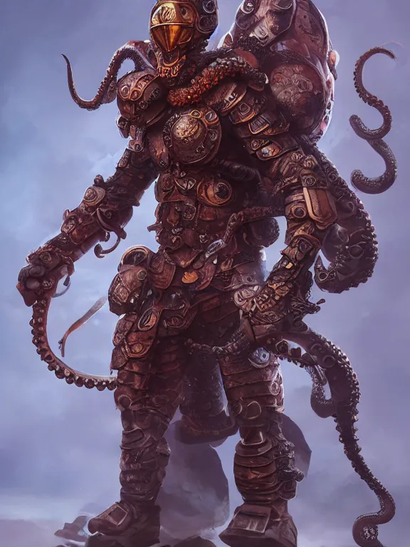 Image similar to full body portrait of single warrior with octopus armour, character design, 4 k hd, octane render, intricate and highly detailed, coloured with lots of colour, cinematic,