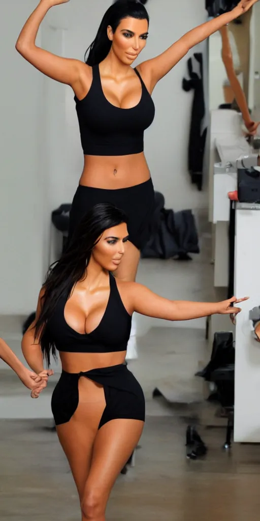 Image similar to kim kardashian in a modeling studio, yoga pose, hd, tan, camisole, body shot