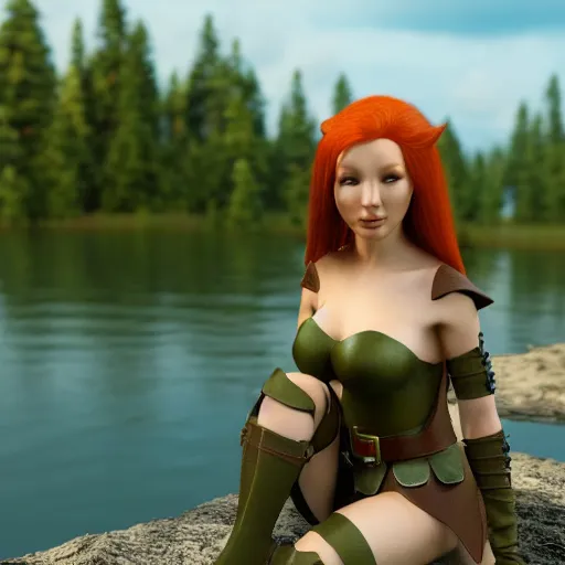 Image similar to beautiful female redhead elf warrior wearing olive green leather, sitting next to a beautiful lake at sunset, enjoying the wind, looking at the water. 8 k ultra realistic, award winning, unreal engine 5, masterpiece, atmosphere glow, hyperrealistic, focused, extreme details, cinematic