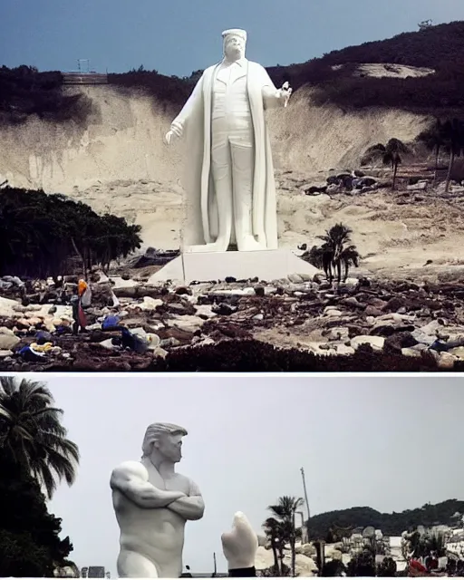 Image similar to a gigantic 400 foot tall white marble statue of president Donald trump giving his thumbs up sign, dwarfs onlookers on a beach, cinematic, post apocalyptic