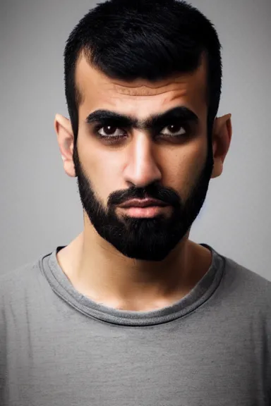 Prompt: detailed portrait photo of a modern ( middle eastern ) man wearing a dark shirt, upper body avatar, kodak portra 1 6 0, chiaroscuro lighting, stylized bold outline, striking colour, default pose neutral expression, face on head shot, closeup, eye contact, sharp focus, flat grey background, 4 k, volumetric, french nouveau