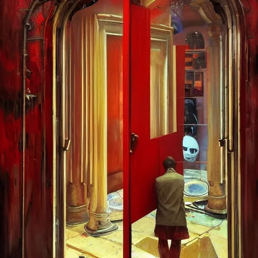 Image similar to diego dayer, hyperrealistic surrealism, award winning masterpiece with incredible details, a surreal vaporwave painting of door leading to nowhere, mirrors everywhere, highly detailed, astronaut