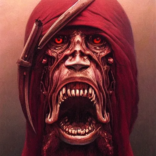 Image similar to Angry Pirate portrait, dark fantasy, maroon, artstation painted by Zdzisław Beksiński and Wayne Barlowe