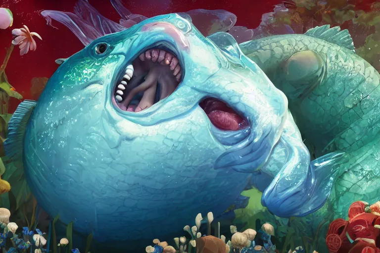 Image similar to of a very beautiful scene. ambient occlusion render. a sweet fat old woman is giving a birth to a huge colorful fish. hyper realistic. 4 k. wide angle. wild happiness. symmetrical face, red mouth, blue eyes. deep focus, lovely scene. ambient occlusion render. concept art. artstation. unreal engine.