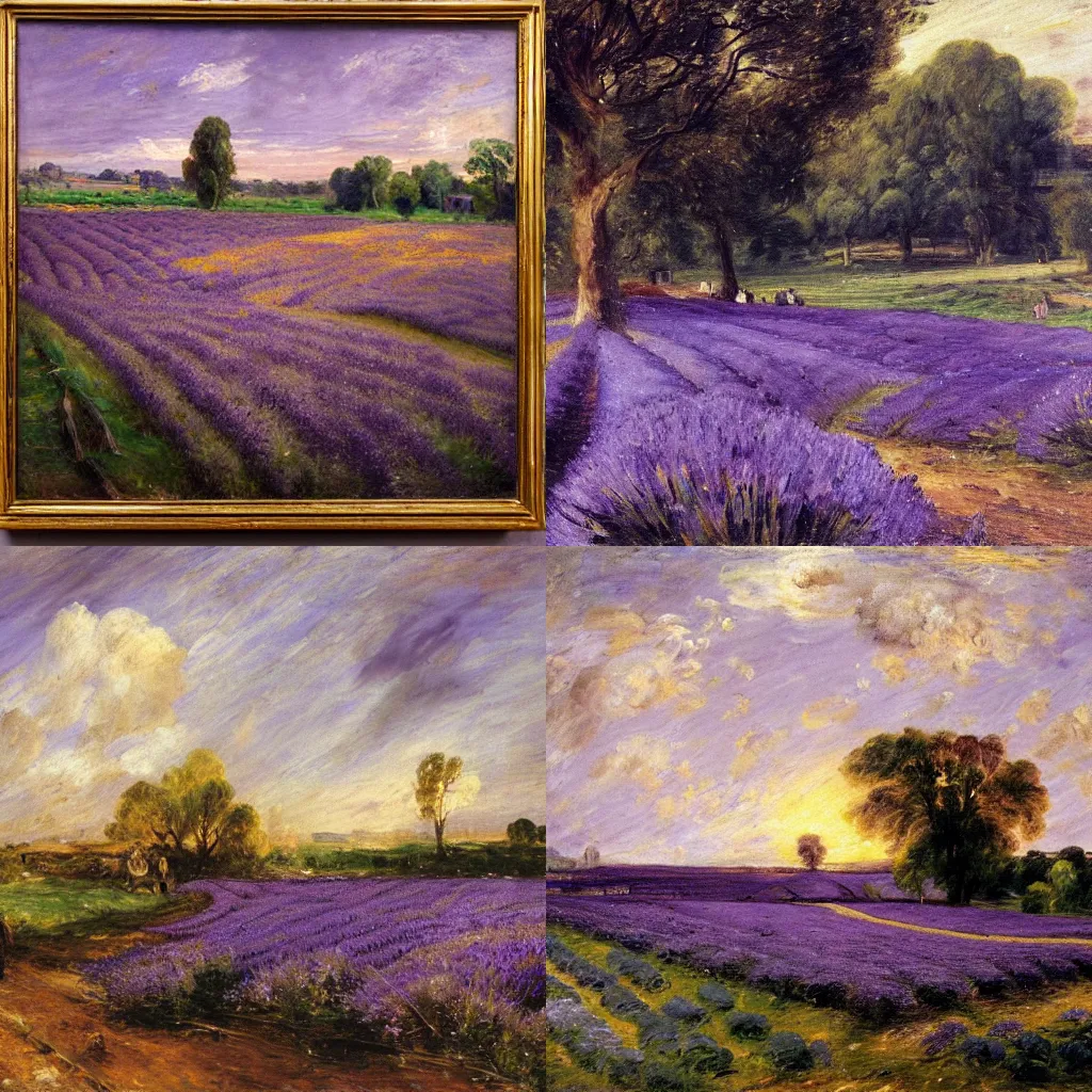 Prompt: a field of purple lavender flowers growing on fertile brown soil, during golden hour, wide angle, oil painting by john constable, realistic, romantic period