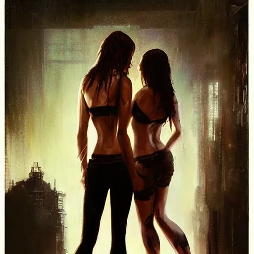 Prompt: bella thorne and megan fox holding hands, hyperrealistic full figure, bladerunner street, art of elysium by jeremy mann and frank frazetta, fantasy art, photo realistic, dynamic lighting, artstation, full figure poster, volumetric lighting, very detailed face, 4 k, award winning