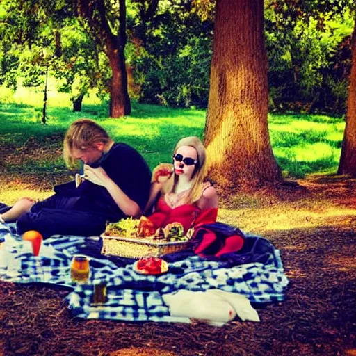 Prompt: death and life having a picnic at the park