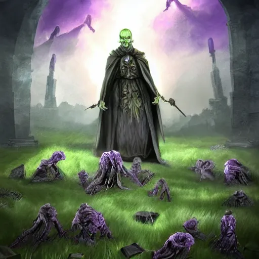 Image similar to a violet evil old wizard, graveyard background, undead arms rising from the ground, epic fantasy style art, fantasy epic digital art