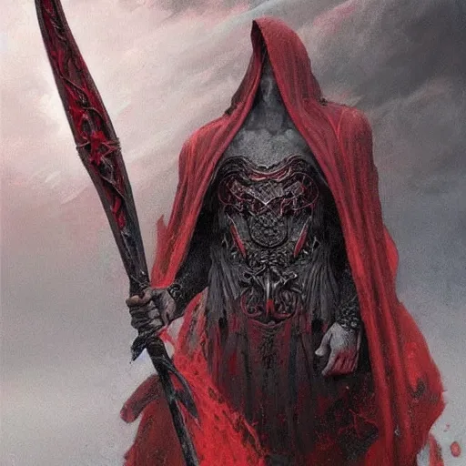 Prompt: The faceless god of chaos in a hood with a scarlet scythe dark fantasy, intricate, smooth, artstation, painted by edgar maxence, greg rutowski, ross tran, artgerm, zdislav beksinski