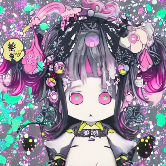 Image similar to sanrio glitchcore yokai girl, shadowverse character concept, found footage horror, glitter gif | Fatalistic (Bleak, Gloomy) | d anime decora gyaru kawaii fashion model, v tuber, darling in the frank,asuka, anime best girl, with glitch and scribble effects, psychedelic colors, 3d render octane, by wlop, wenjr, beeple, artstation,imaginefx